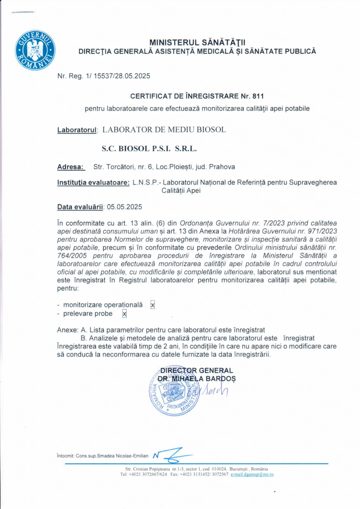 Certificat de înregistrare Ministerul Sănătății nr. 811
